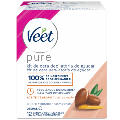 Veet Pure Kit de Cera Caliente Depilatoria de Azúcar con Aceite de Argán, 100% de Ingredientes de Origen Natural, 250 ml