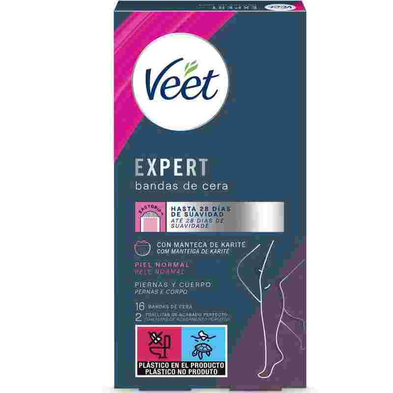 Veet Expert Bandas de Cera Fría Depilatoria para Depilación de Piernas y Cuerpo, con Manteca de Karité, 16 tiras