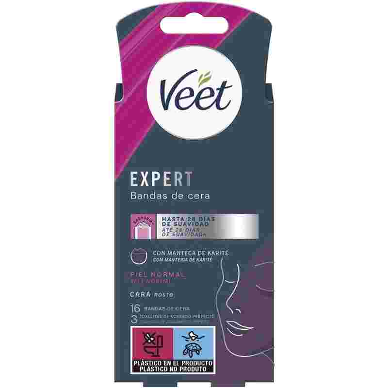 Veet Expert Bandas de Cera Fría Depilatoria para Depilación Facial, con Manteca de Karité, 16 tiras