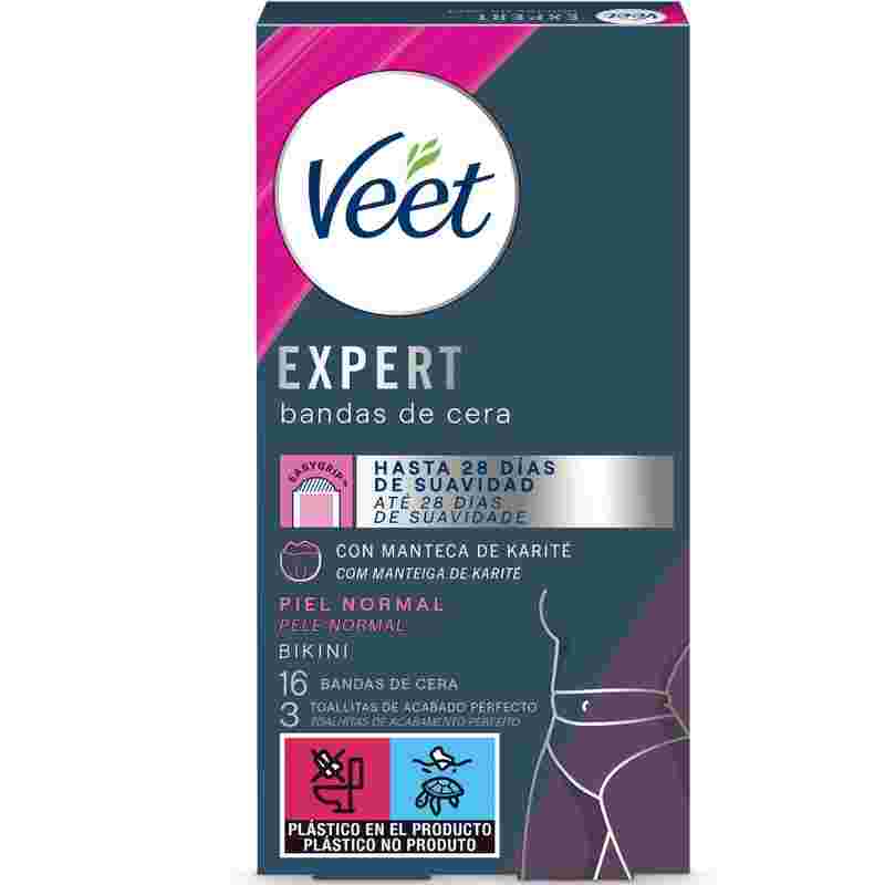 Veet Expert Bandas de Cera Fría Depilatoria para Depilación de Ingles, Área del Bikini, con Manteca de Karité, 16 tiras